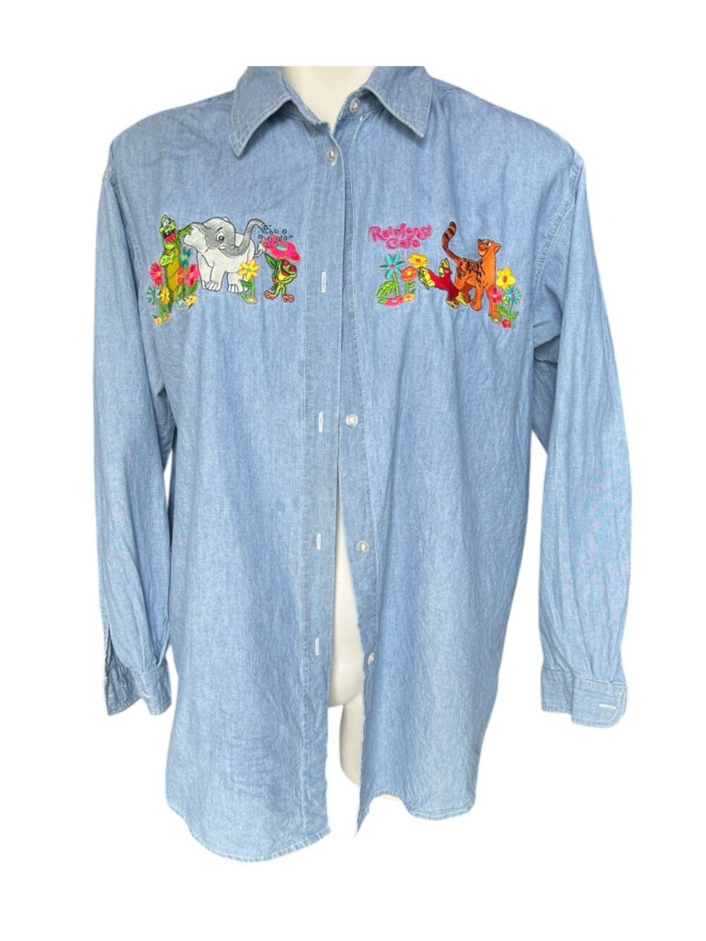 Rainforest Cafe Shirt Women's M Blue Button-Down Long Sleeve Embroidered